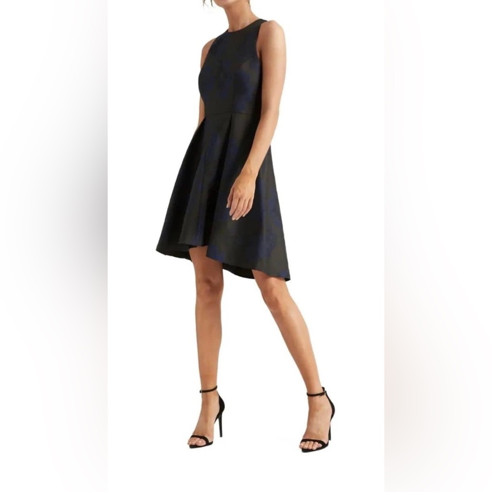 Halston Heritage Black & Blue Jacquard Floral Fit & Flair Hi-low Cocktail Dress
